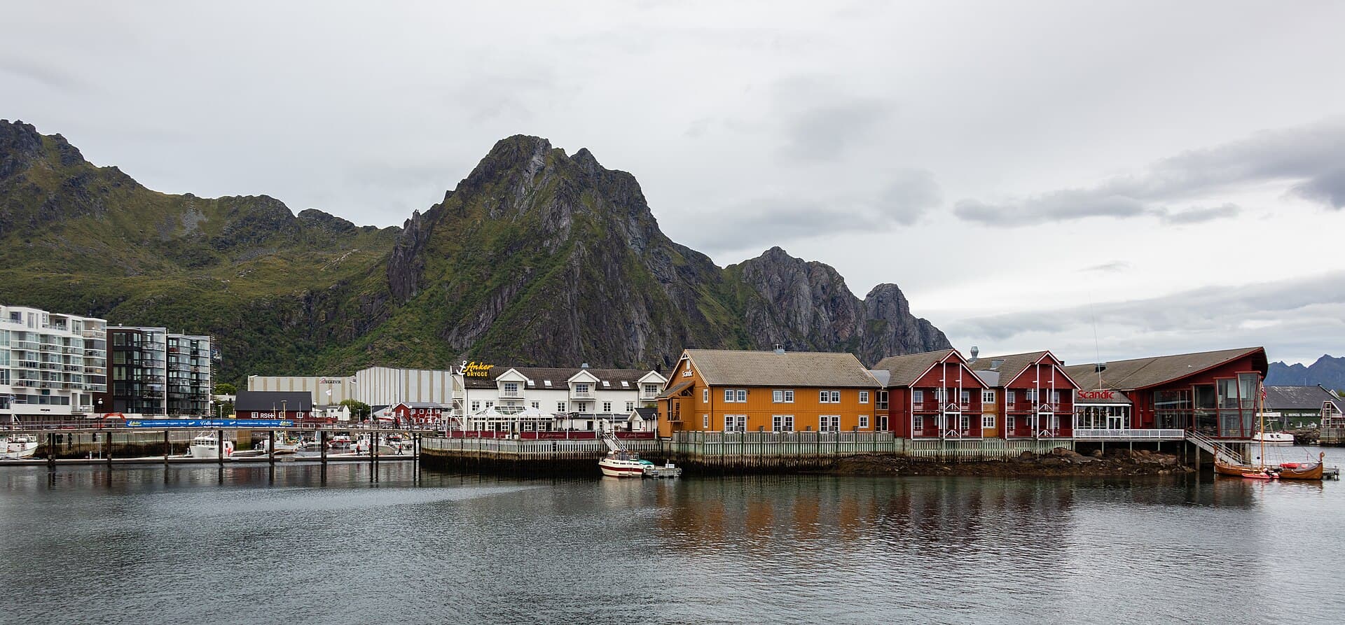 Svolvær harbour and the mountains behind the town