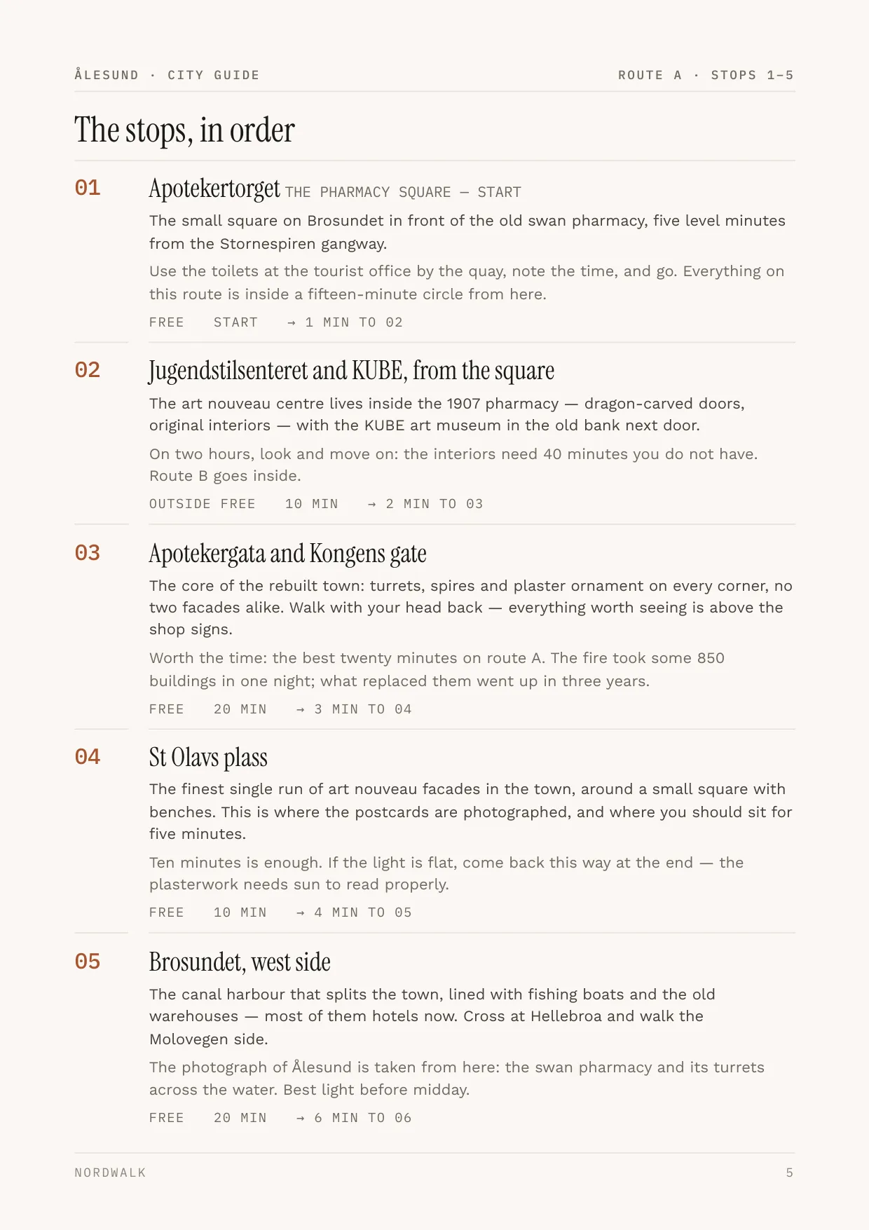 Ålesund guide, page 5: the numbered stops on Route A, with times and what each costs