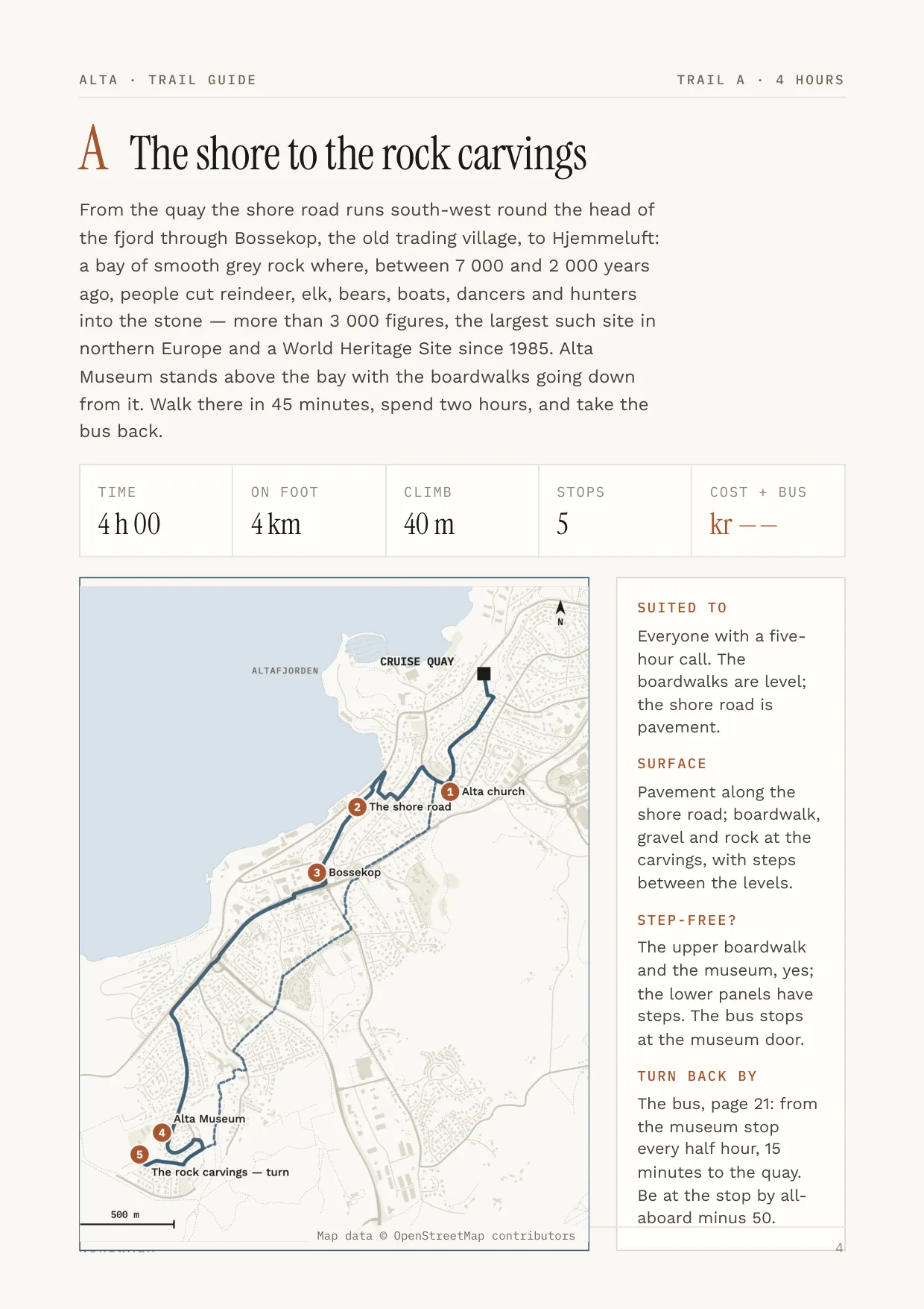 Alta guide, page 4: Trail A — distance, climb, timings and a route map