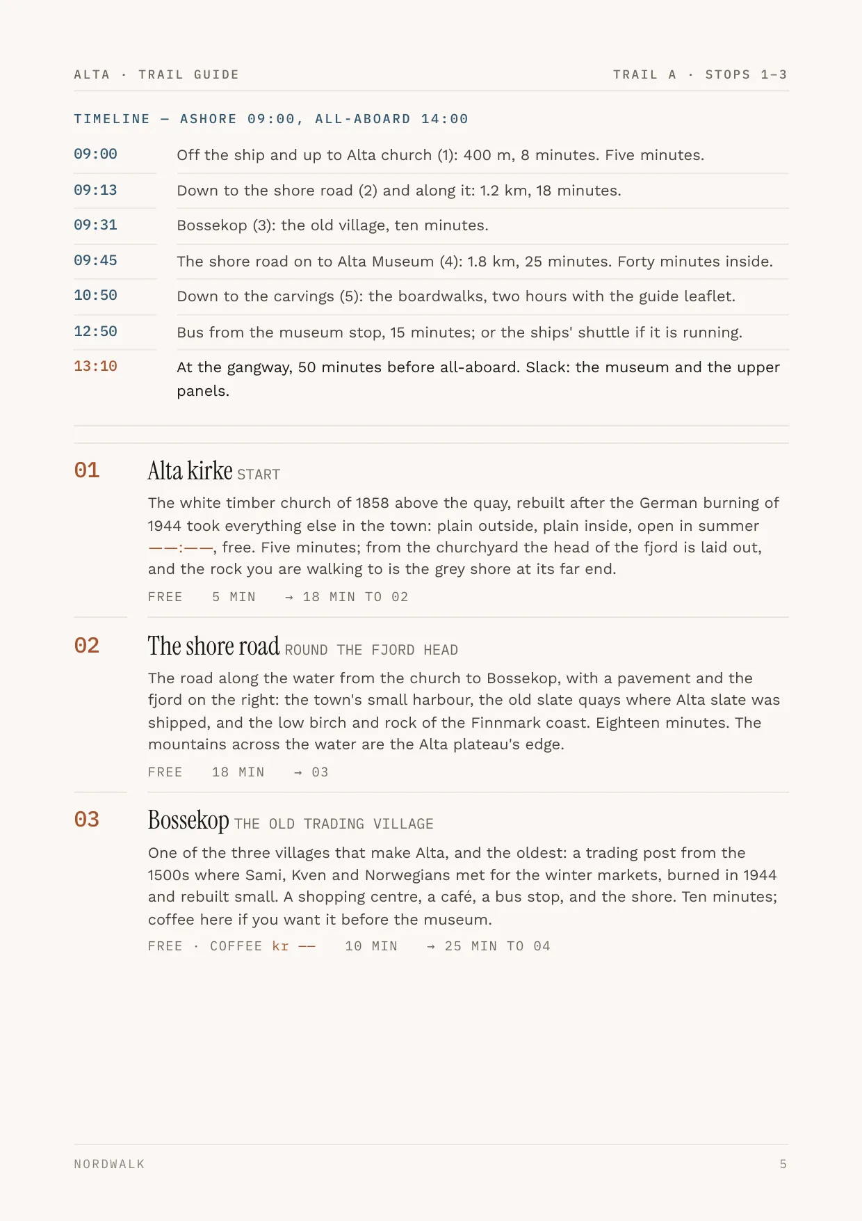 Alta guide, page 5: the numbered stops on Trail A, with times and what each costs