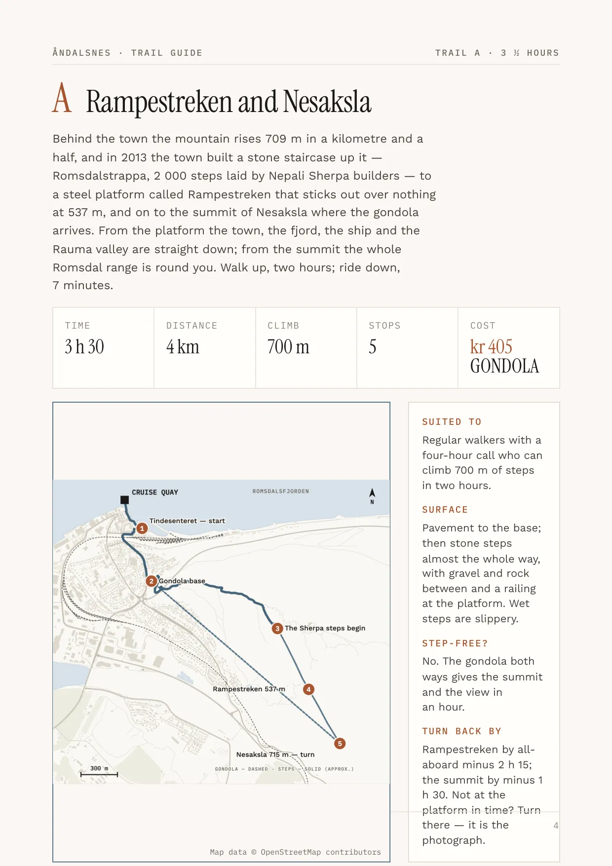 Åndalsnes guide, page 4: Trail A — distance, climb, timings and a route map
