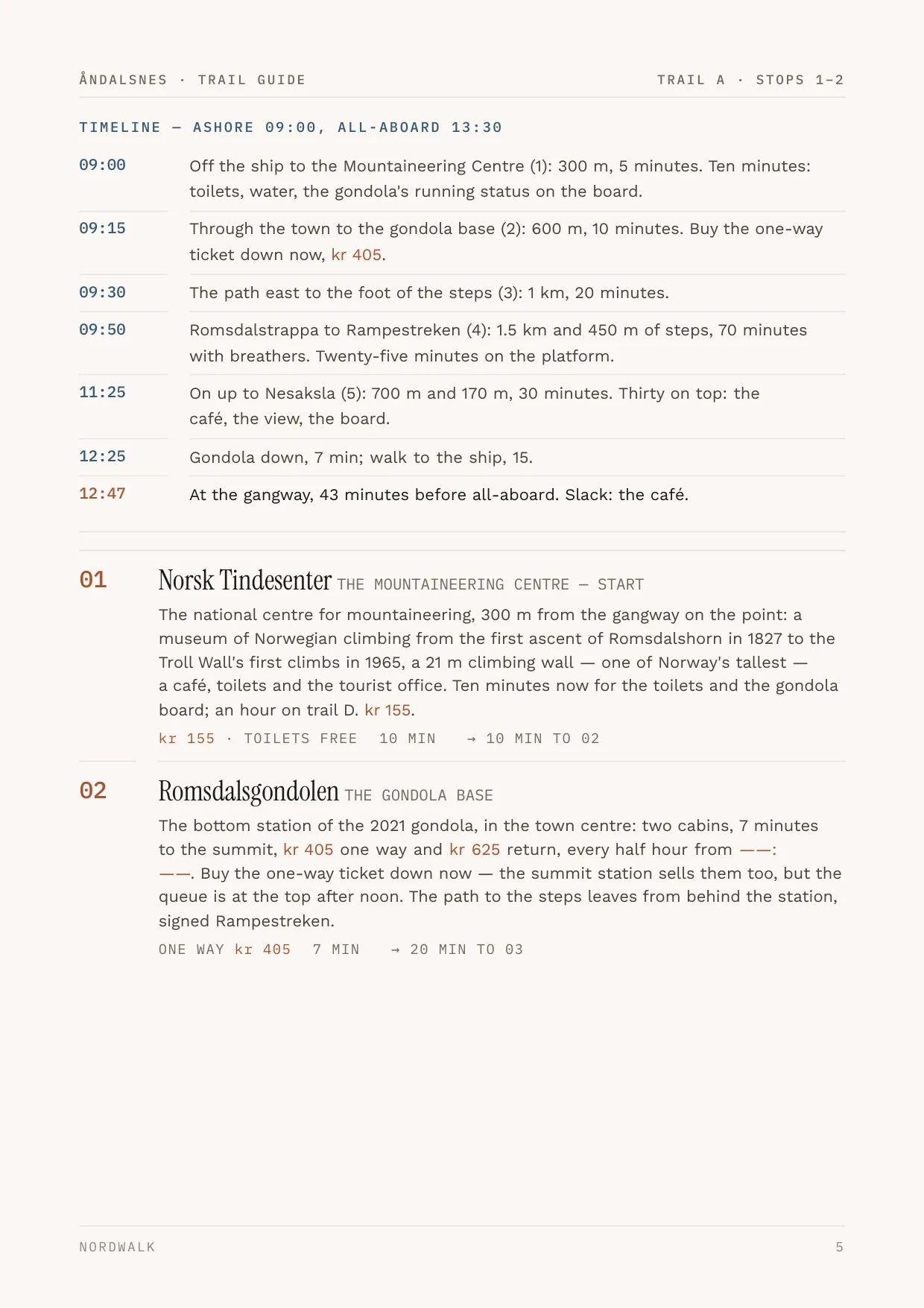 Åndalsnes guide, page 5: the numbered stops on Trail A, with times and what each costs