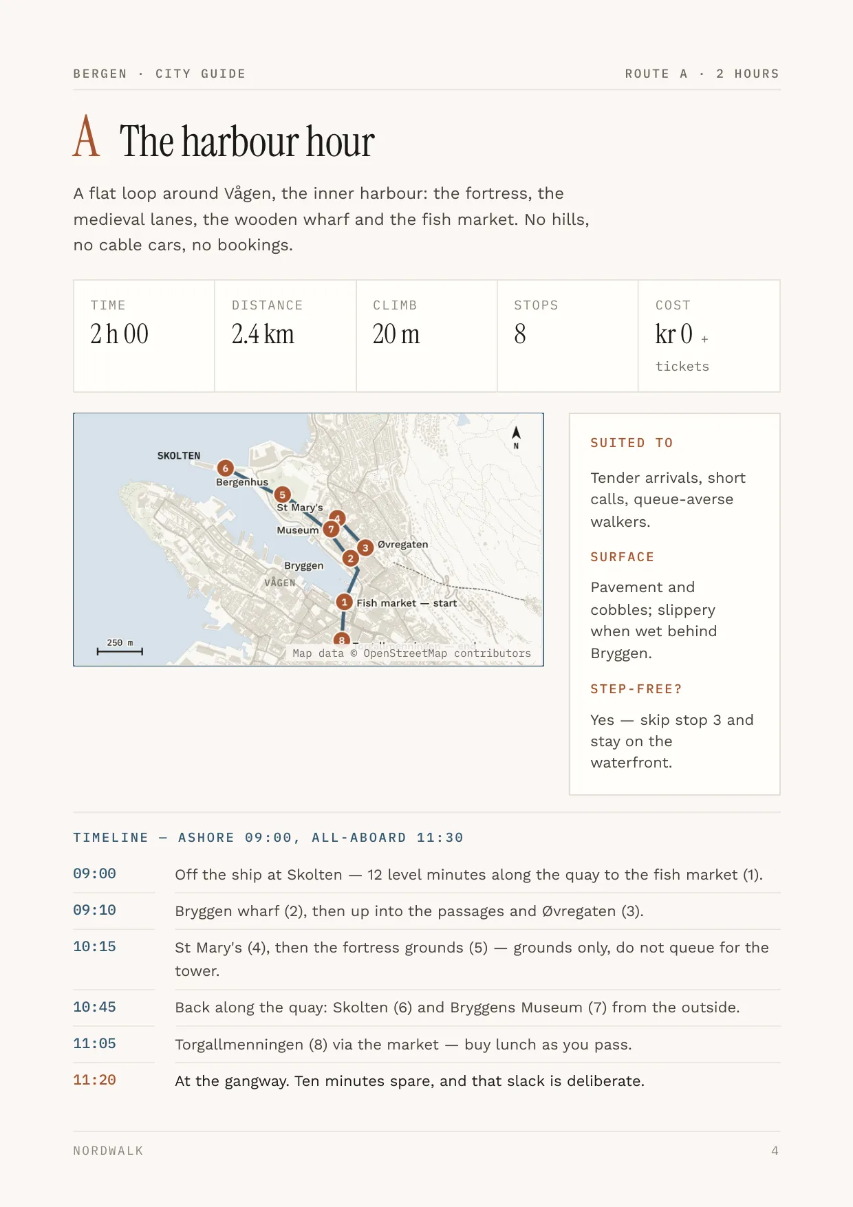 Bergen guide, page 4: Route A — distance, climb, timings and a route map