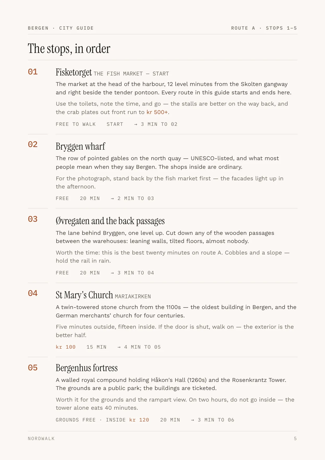 Bergen guide, page 5: the numbered stops on Route A, with times and what each costs
