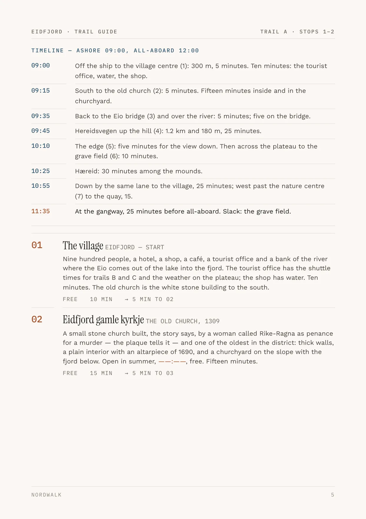 Eidfjord guide, page 5: the numbered stops on Trail A, with times and what each costs