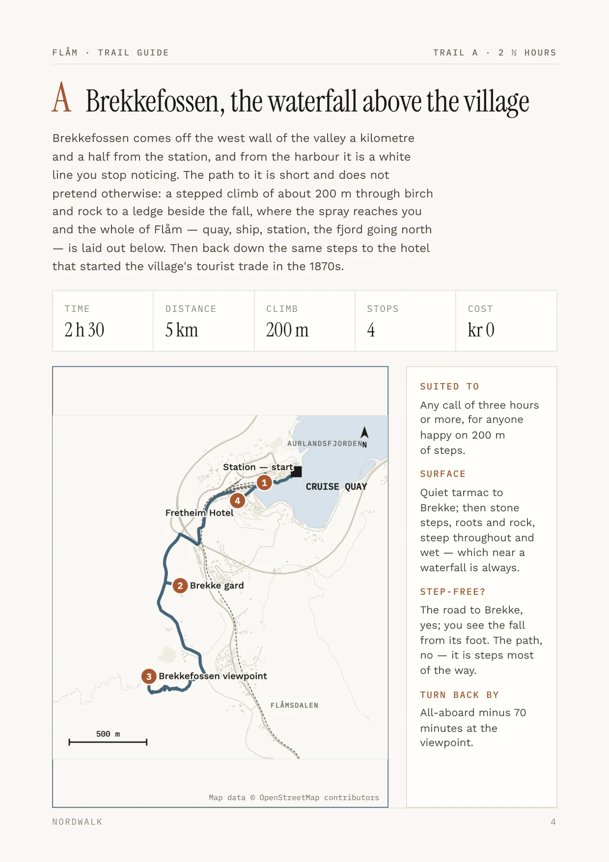 Flåm guide, page 4: Trail A — distance, climb, timings and a route map