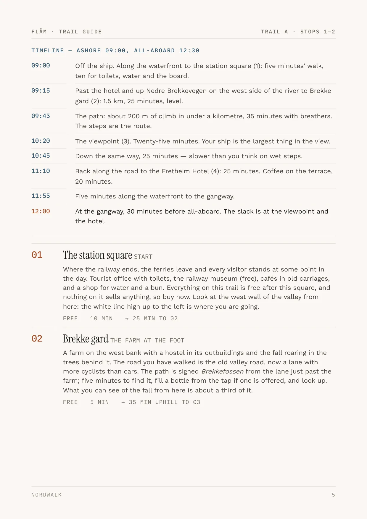 Flåm guide, page 5: the numbered stops on Trail A, with times and what each costs