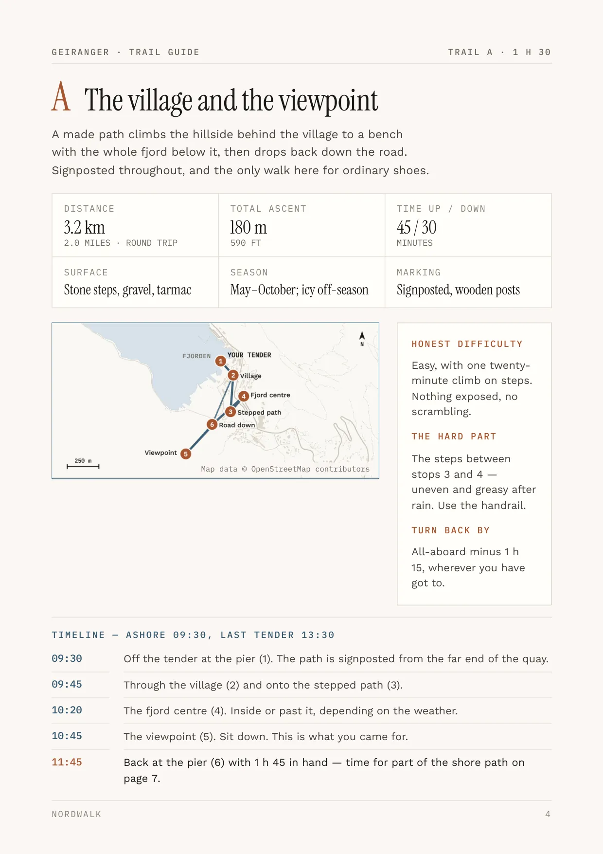 Geiranger guide, page 4: Trail A — distance, climb, timings and a route map