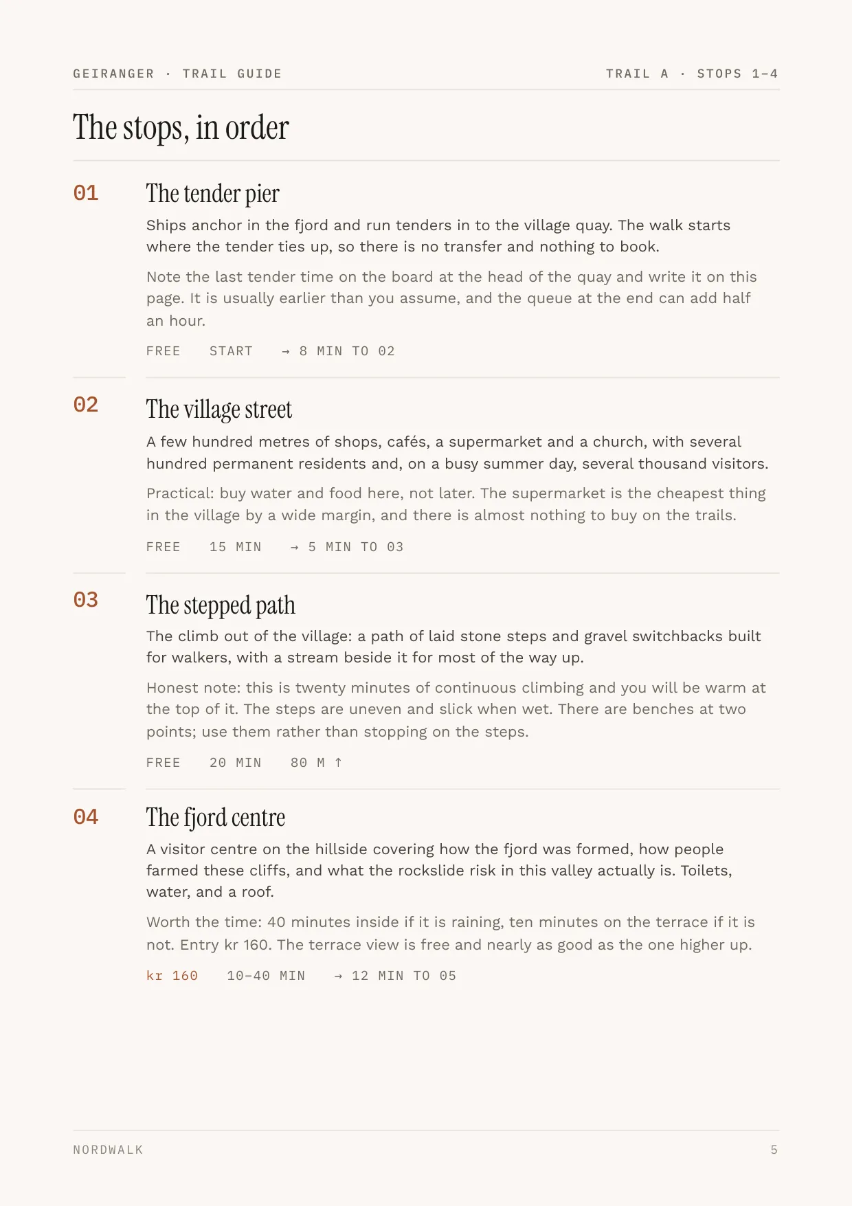 Geiranger guide, page 5: the numbered stops on Trail A, with times and what each costs