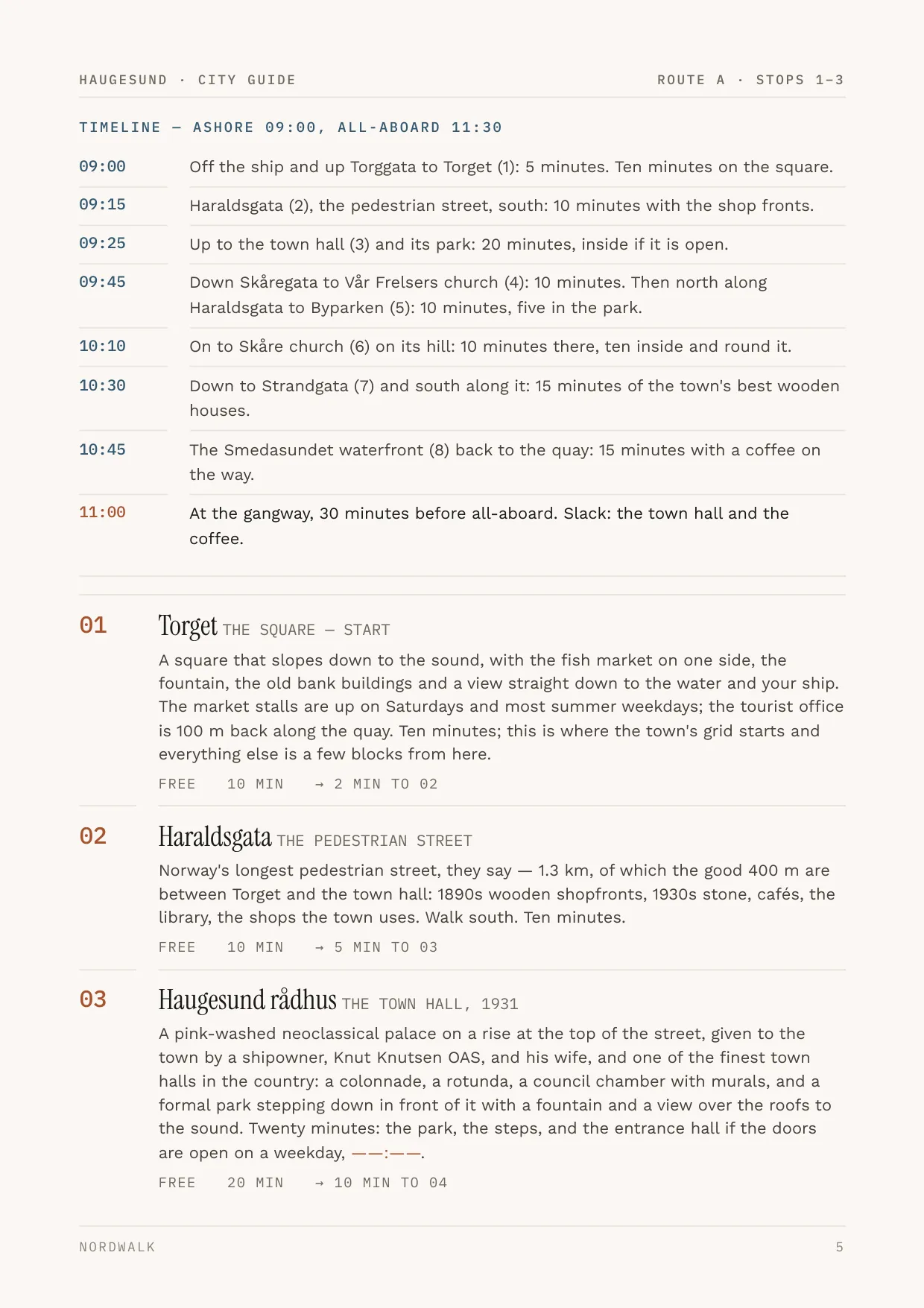 Haugesund guide, page 5: the numbered stops on Route A, with times and what each costs