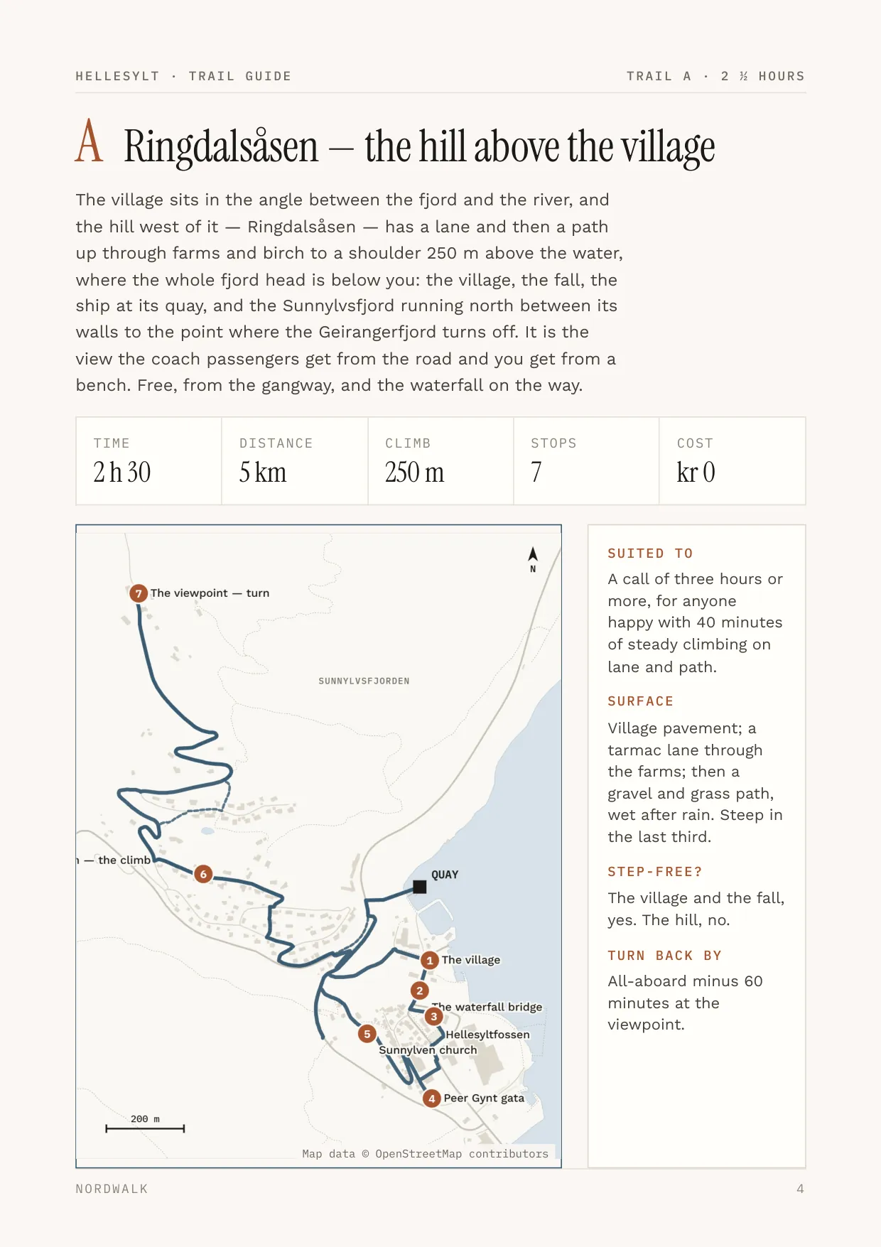 Hellesylt guide, page 4: Trail A — distance, climb, timings and a route map