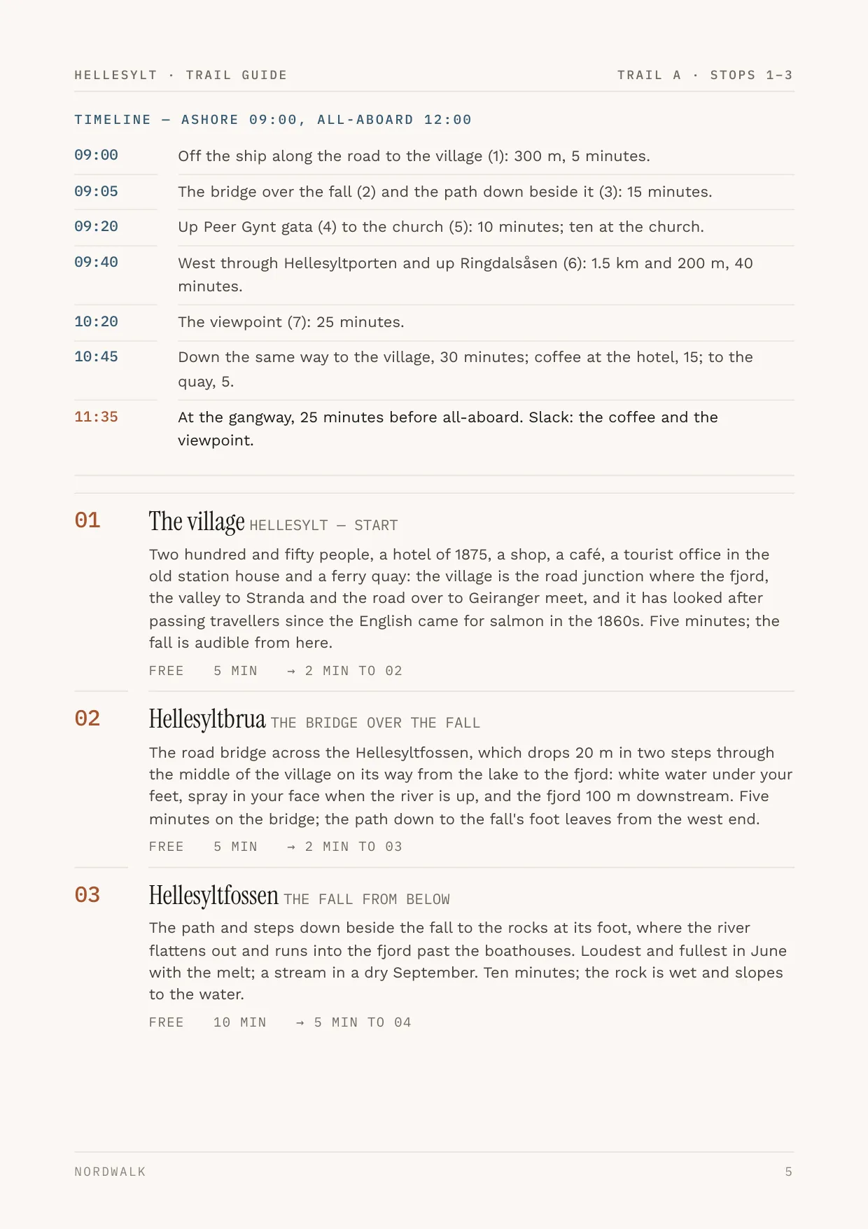 Hellesylt guide, page 5: the numbered stops on Trail A, with times and what each costs