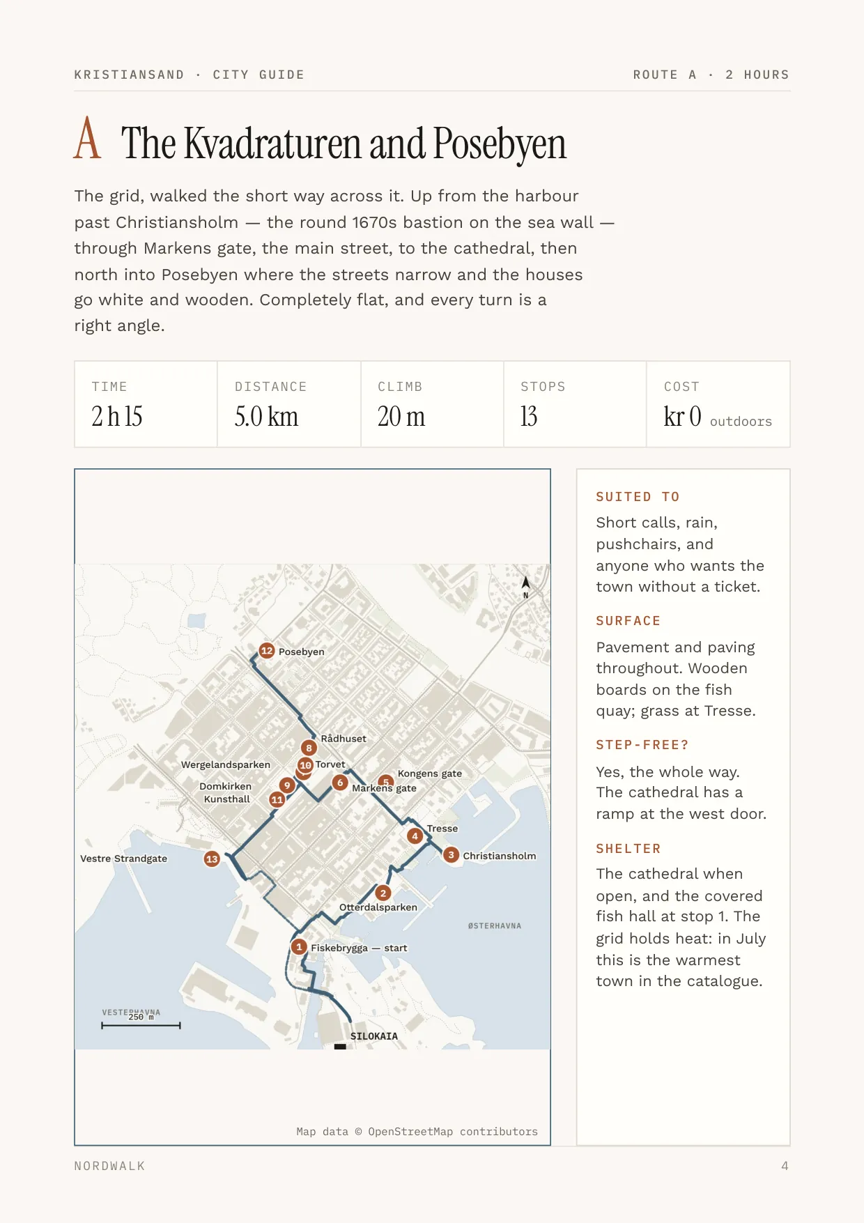 Kristiansand guide, page 4: Route A — distance, climb, timings and a route map