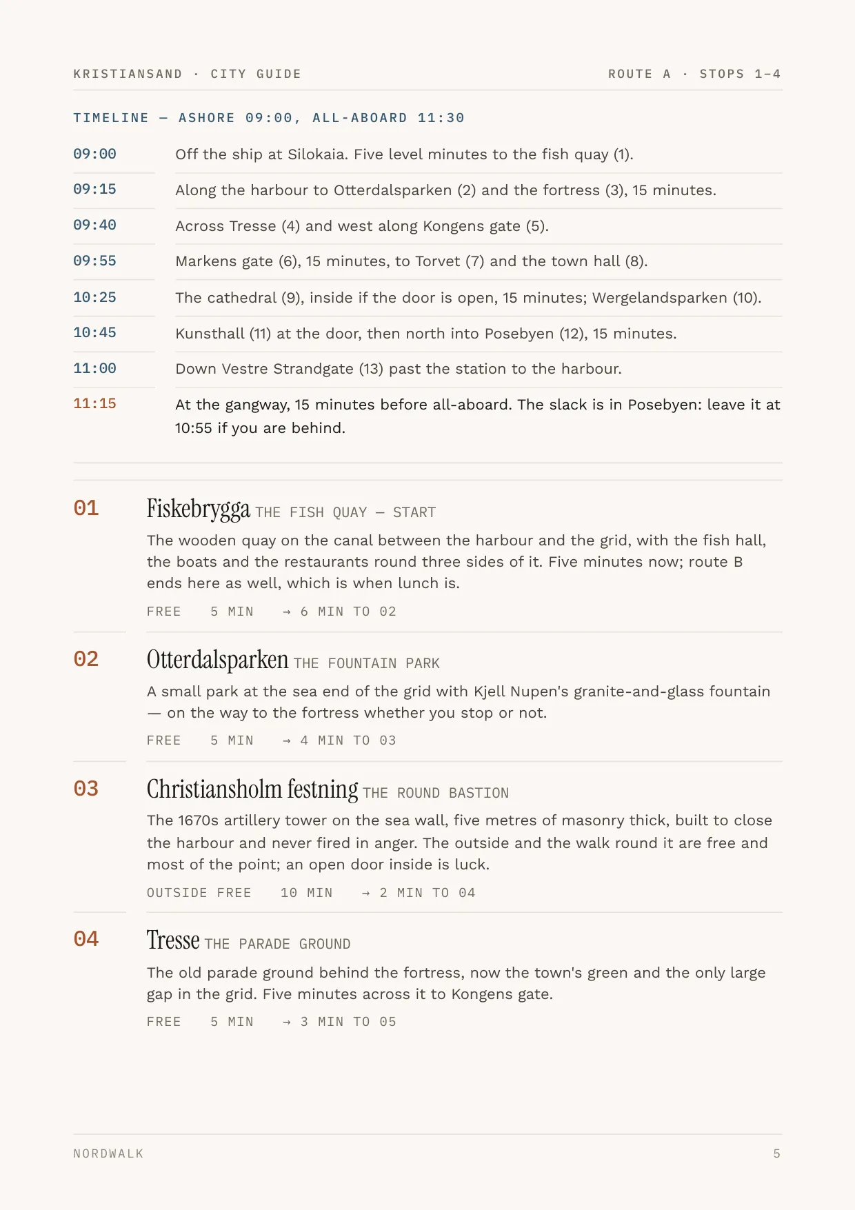 Kristiansand guide, page 5: the numbered stops on Route A, with times and what each costs