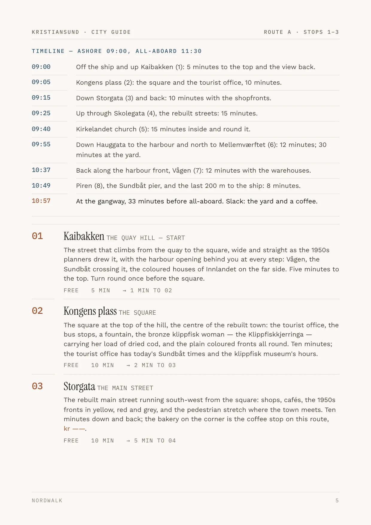 Kristiansund guide, page 5: the numbered stops on Route A, with times and what each costs