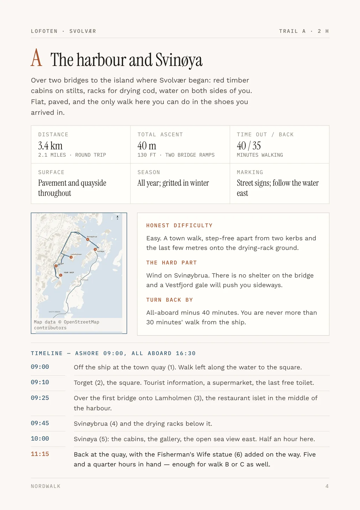 Lofoten guide, page 4: Trail A — distance, climb, timings and a route map