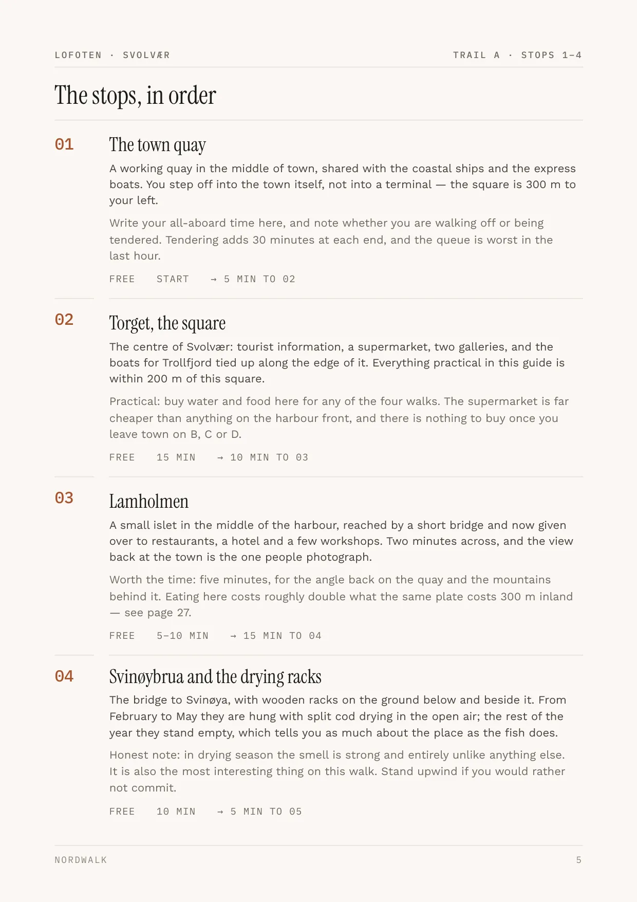 Lofoten guide, page 5: the numbered stops on Trail A, with times and what each costs