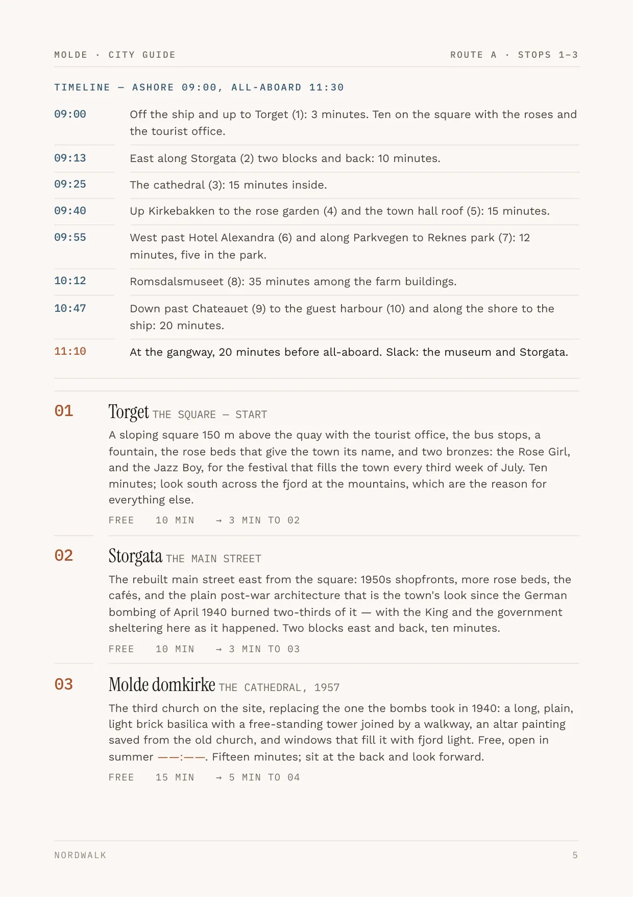 Molde guide, page 5: the numbered stops on Route A, with times and what each costs