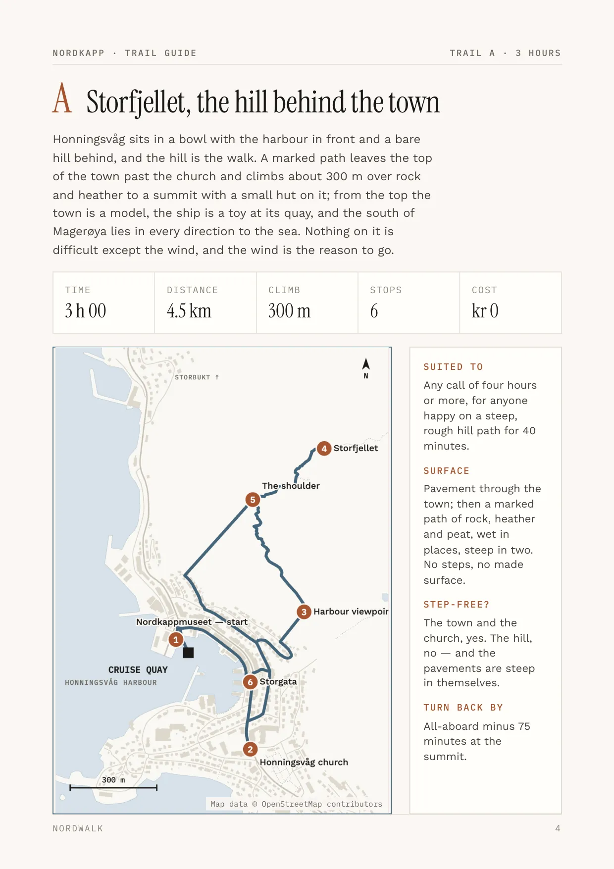 Nordkapp guide, page 4: Trail A — distance, climb, timings and a route map