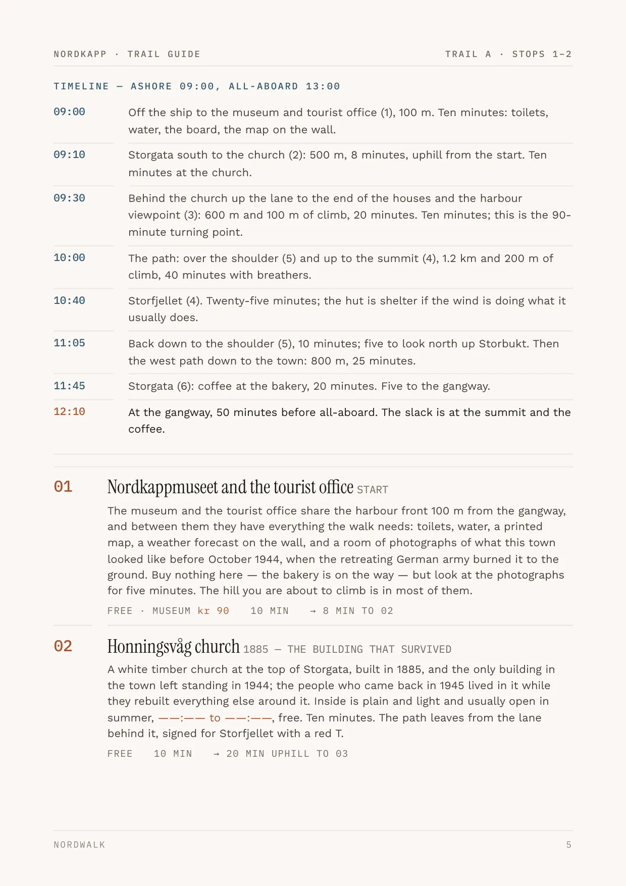Nordkapp guide, page 5: the numbered stops on Trail A, with times and what each costs