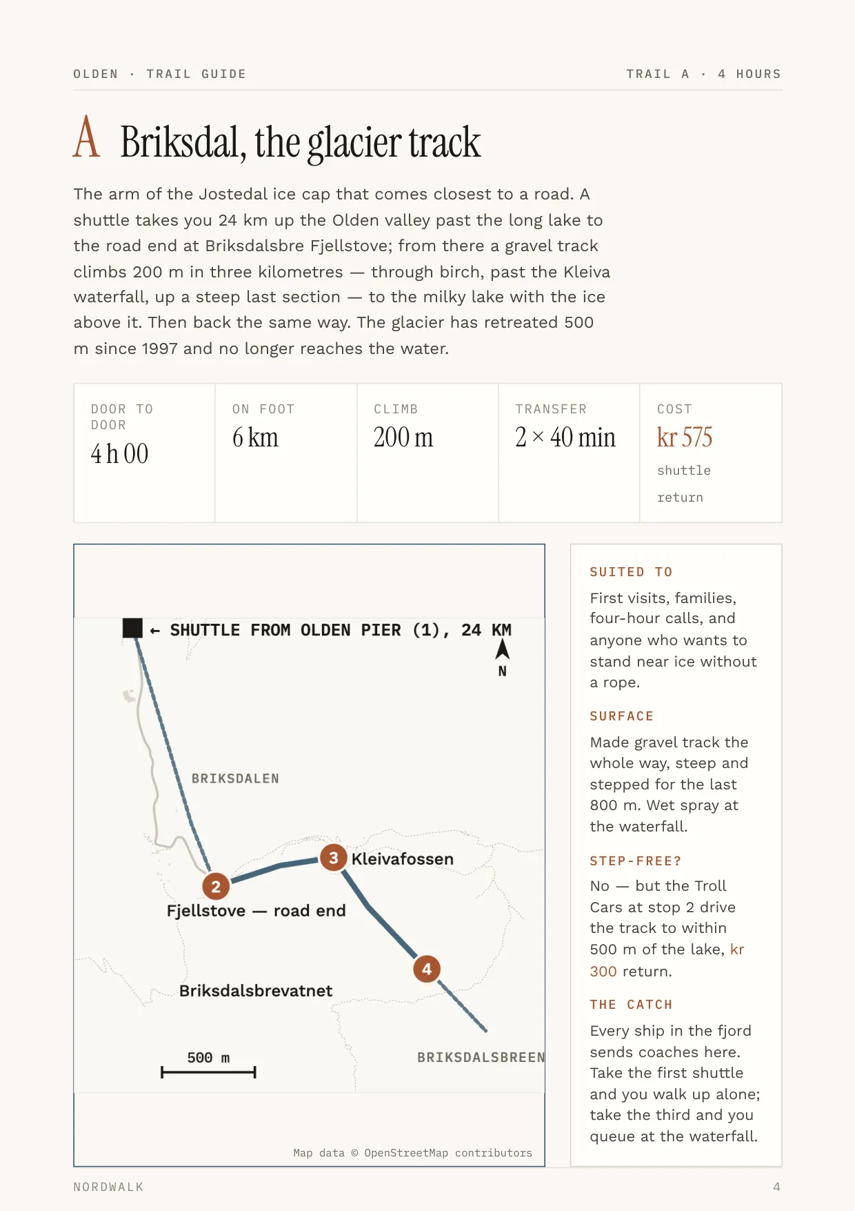 Olden guide, page 4: Trail A — distance, climb, timings and a route map