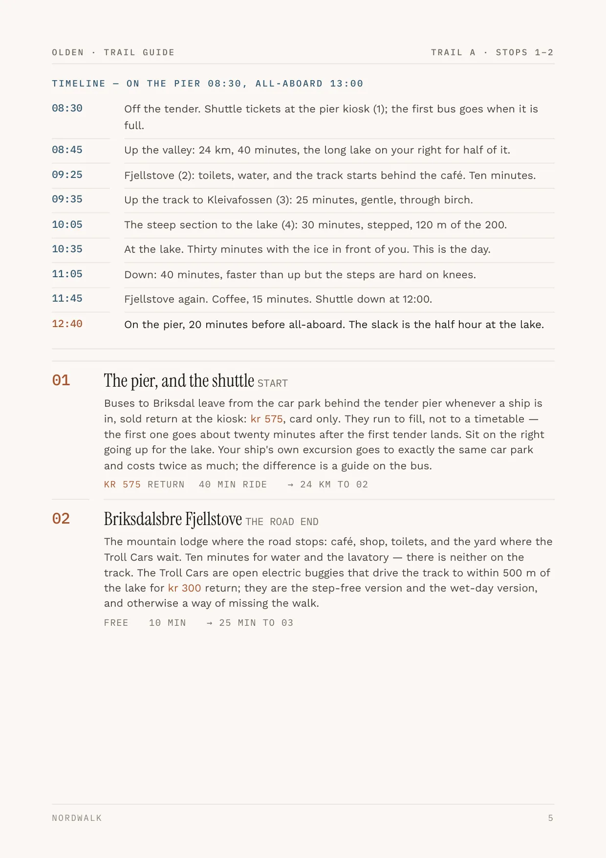Olden guide, page 5: the numbered stops on Trail A, with times and what each costs