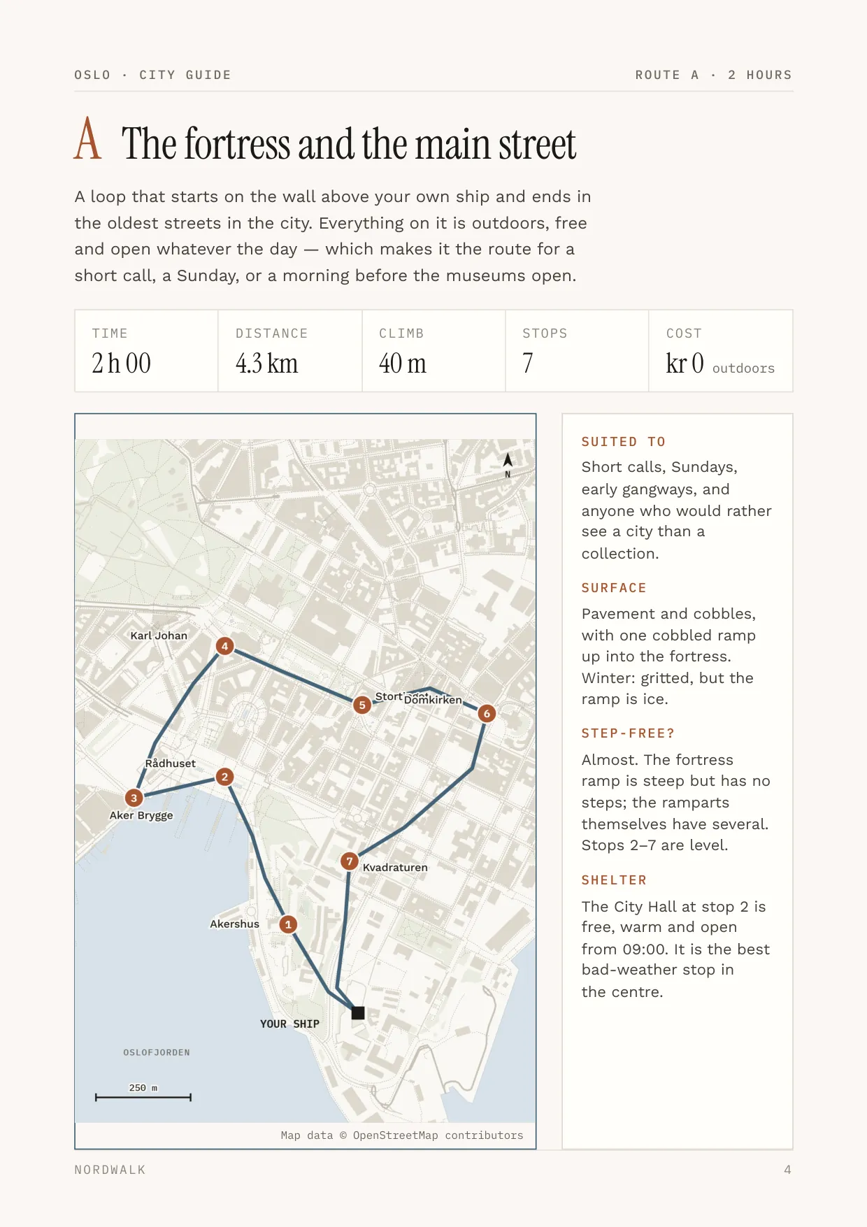 Oslo guide, page 4: Route A — distance, climb, timings and a route map