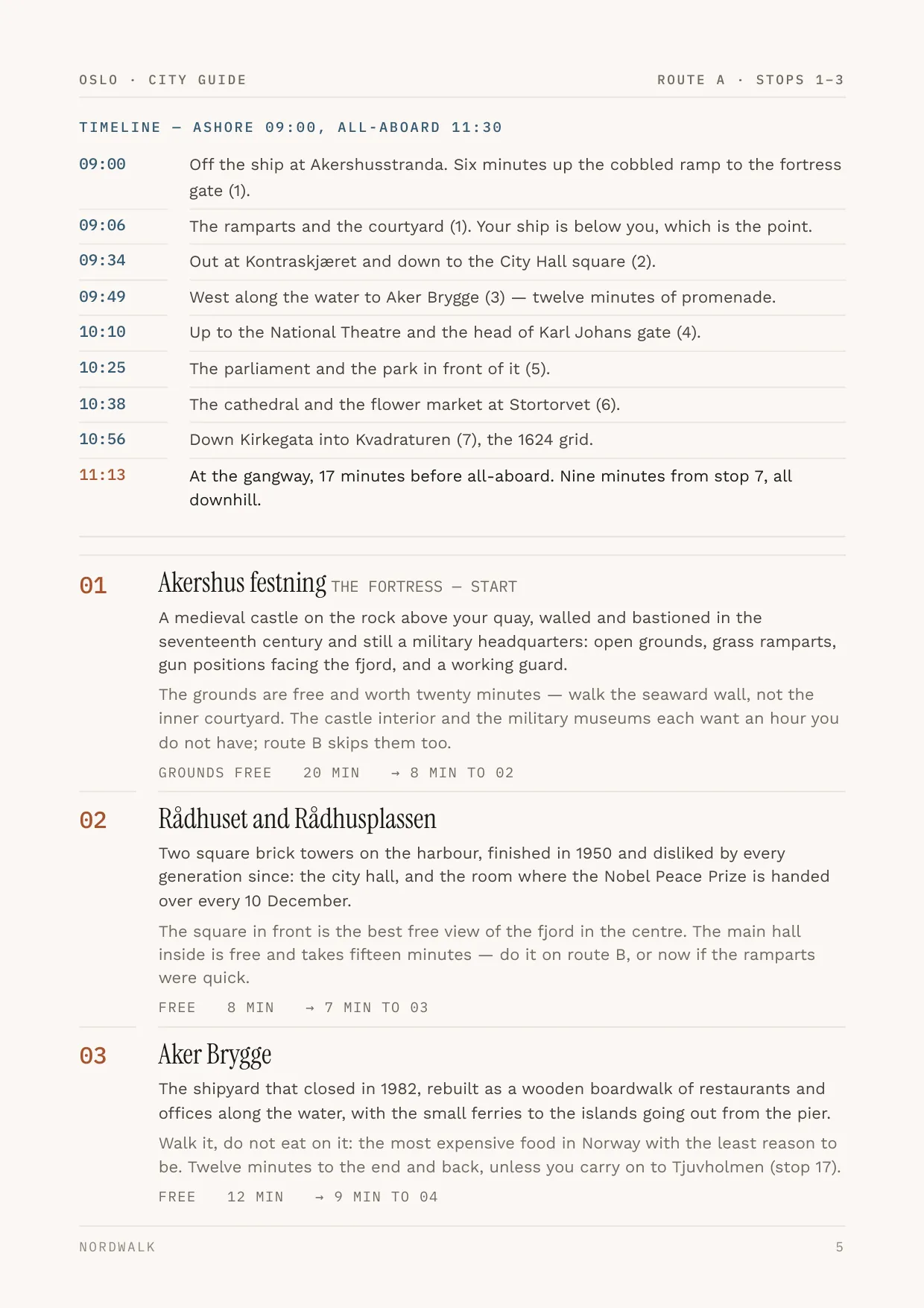 Oslo guide, page 5: the numbered stops on Route A, with times and what each costs