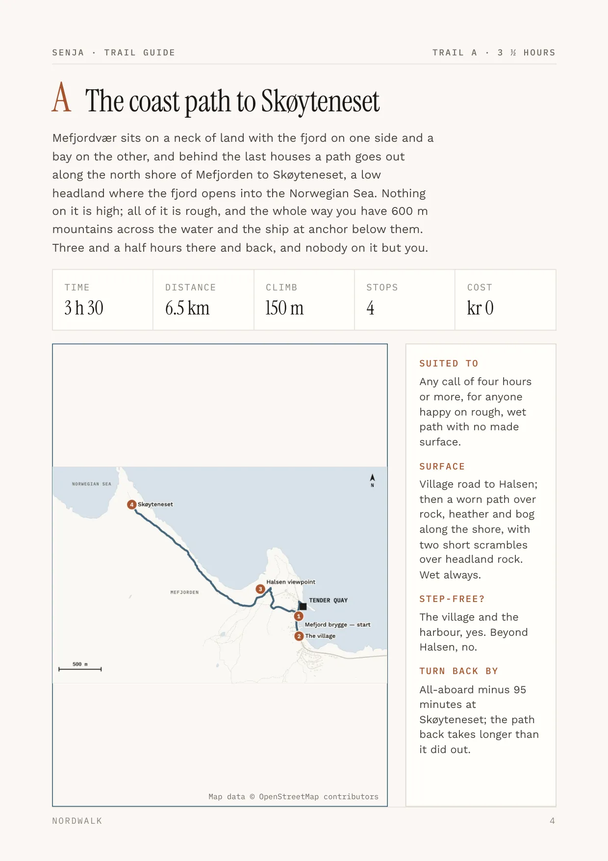 Senja guide, page 4: Trail A — distance, climb, timings and a route map