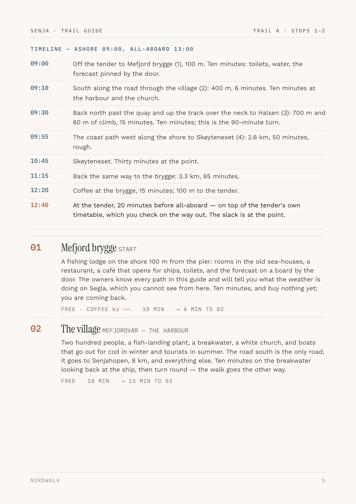 Senja guide, page 5: the numbered stops on Trail A, with times and what each costs