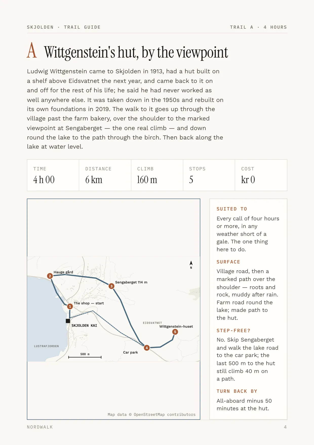 Skjolden guide, page 4: Trail A — distance, climb, timings and a route map