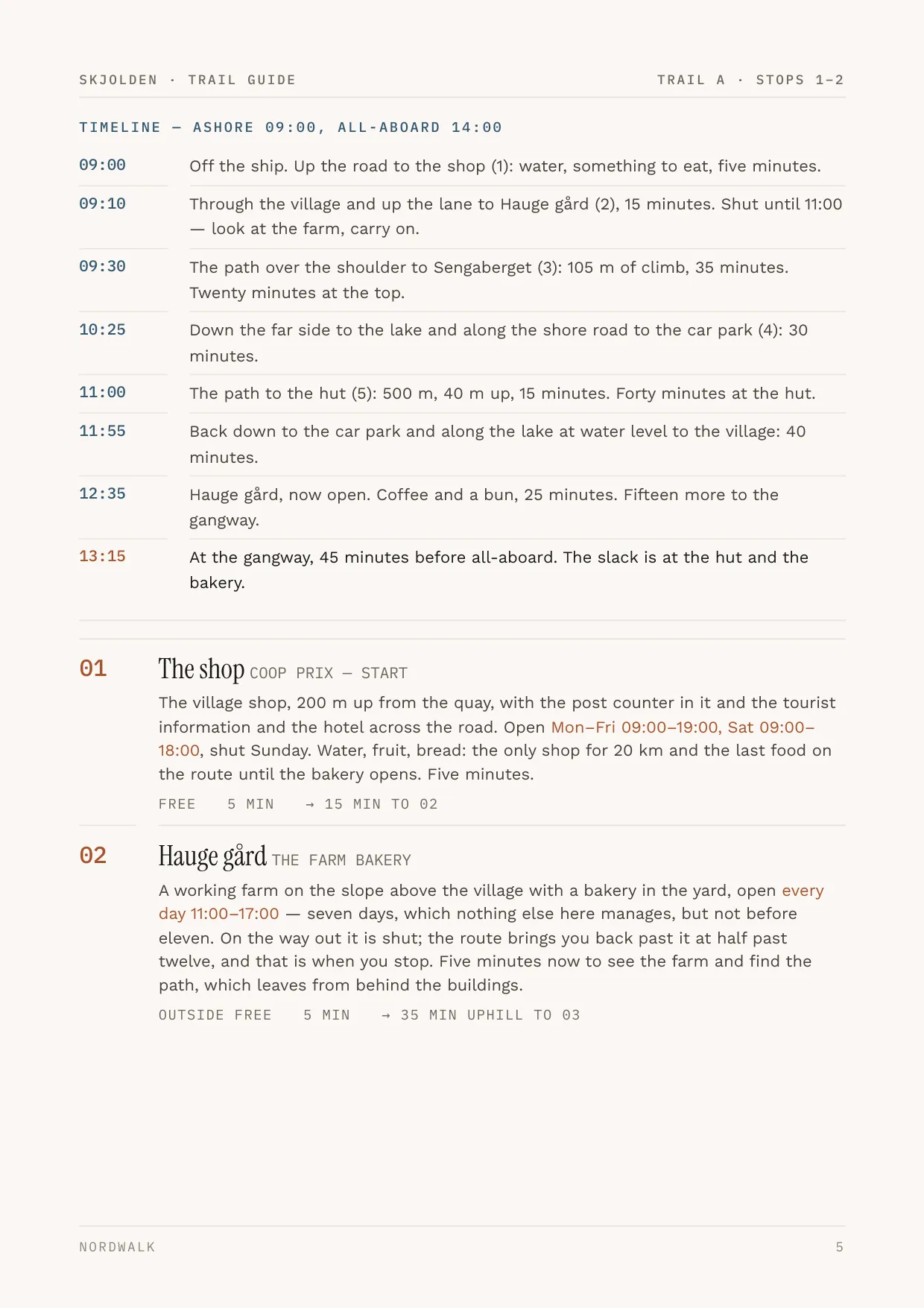 Skjolden guide, page 5: the numbered stops on Trail A, with times and what each costs
