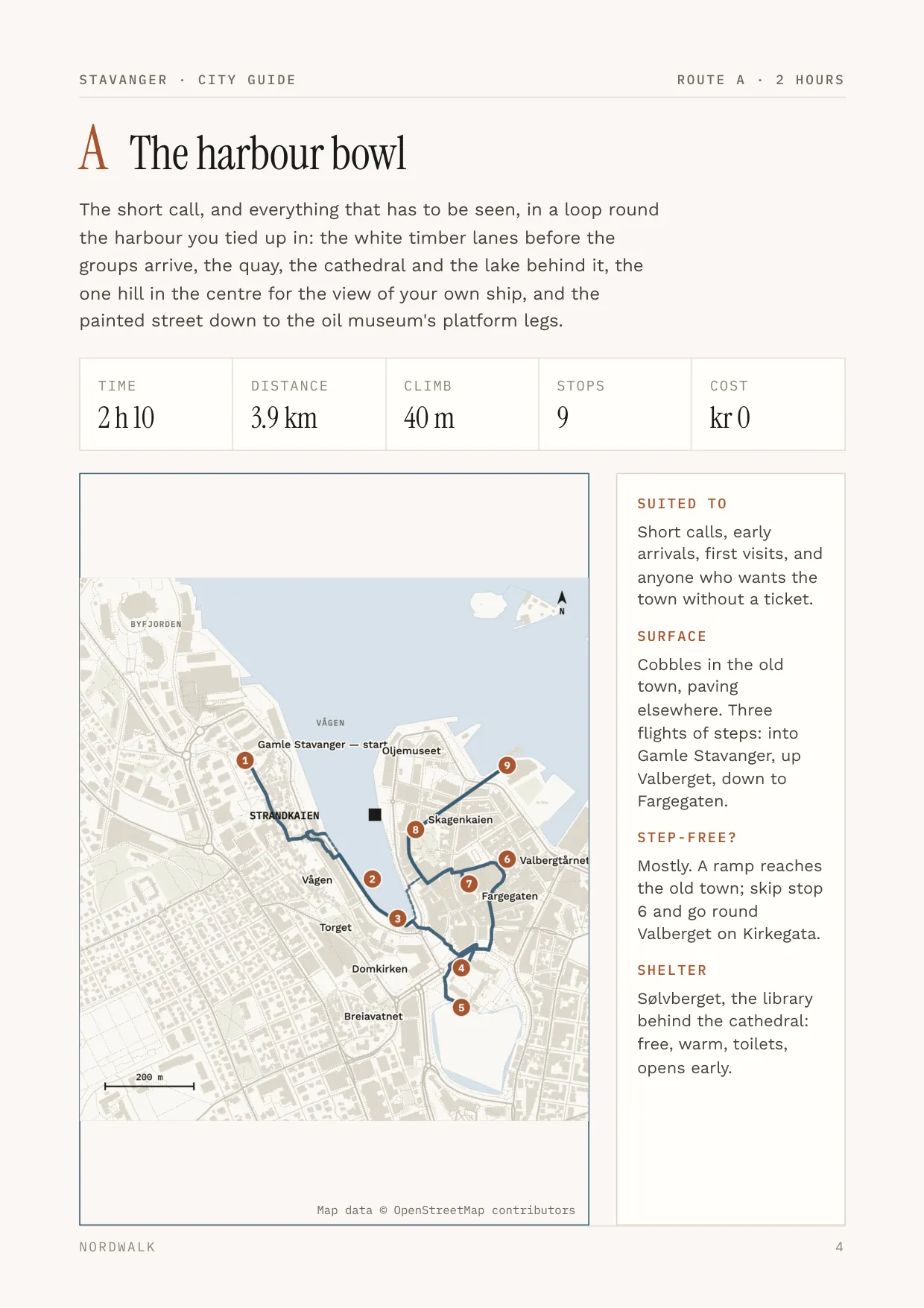 Stavanger guide, page 4: Route A — distance, climb, timings and a route map