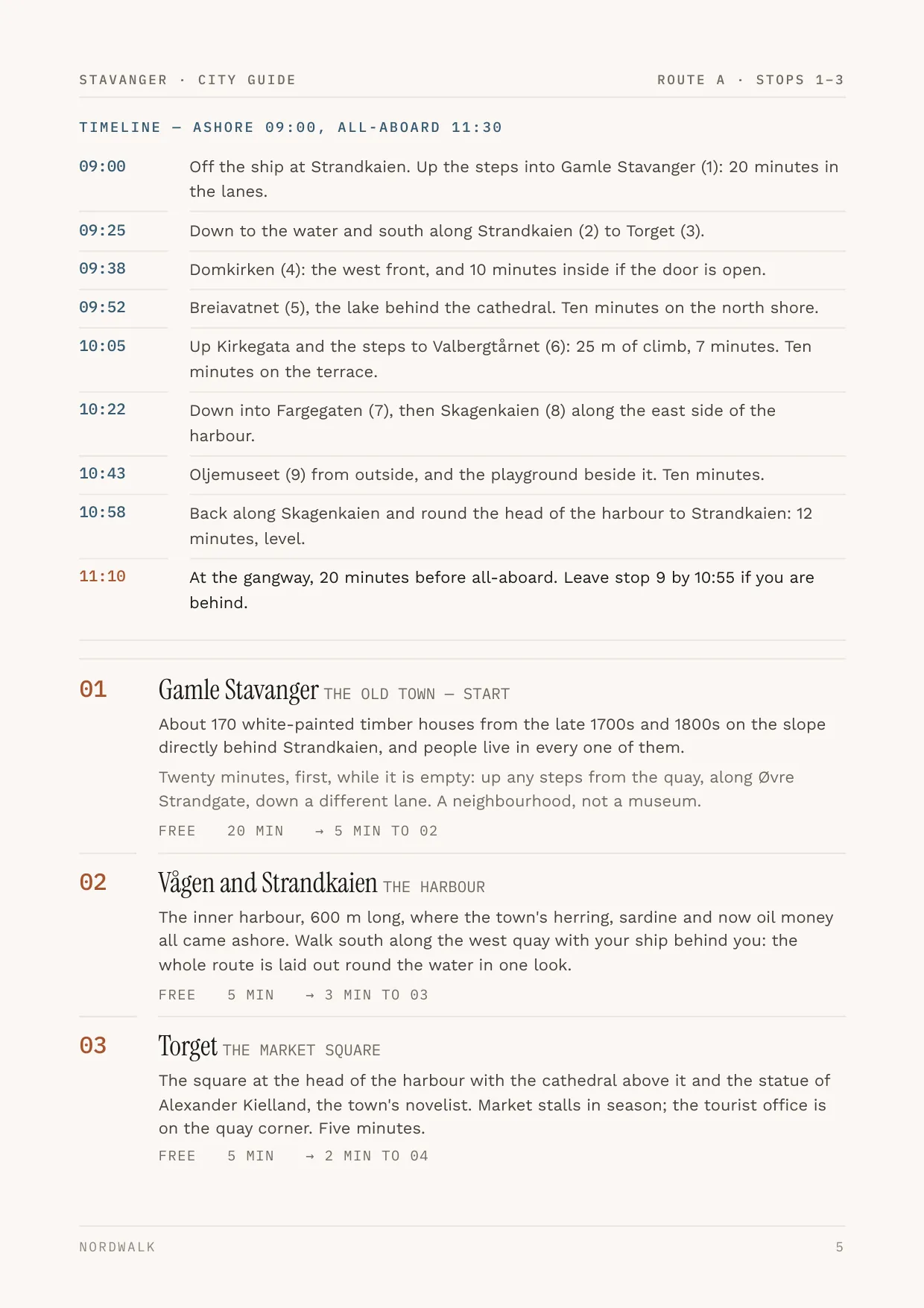 Stavanger guide, page 5: the numbered stops on Route A, with times and what each costs