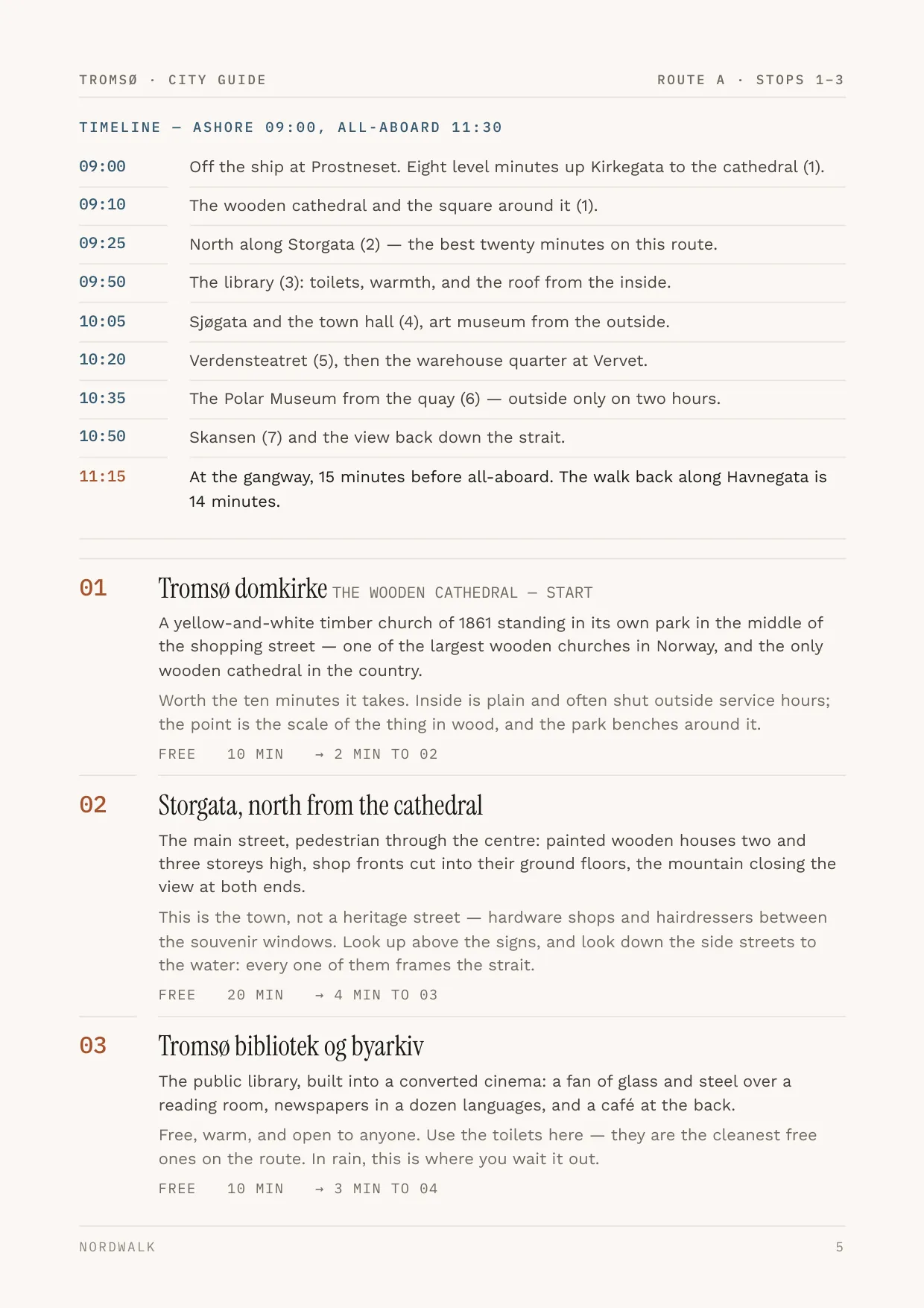 Tromsø guide, page 5: the numbered stops on Route A, with times and what each costs