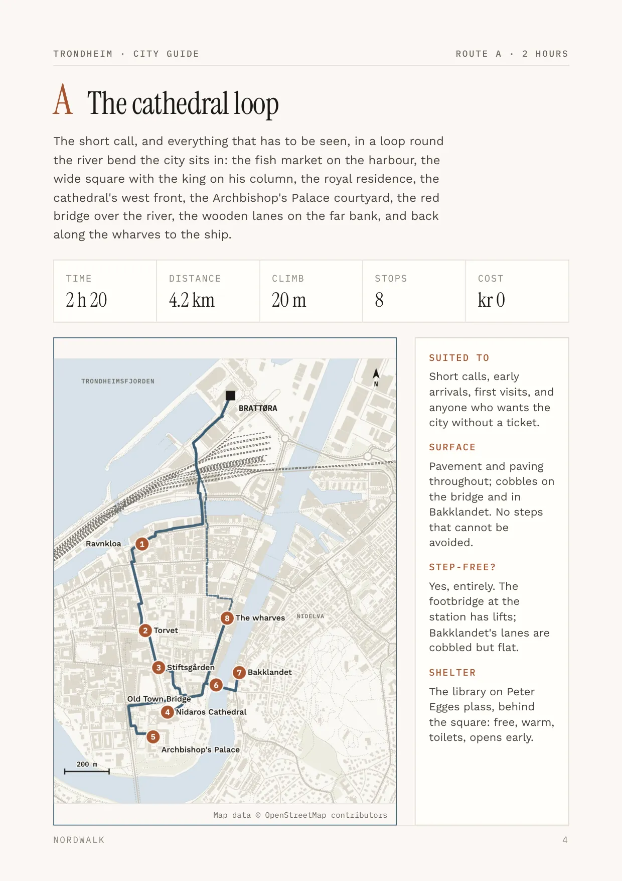 Trondheim guide, page 4: Route A — distance, climb, timings and a route map
