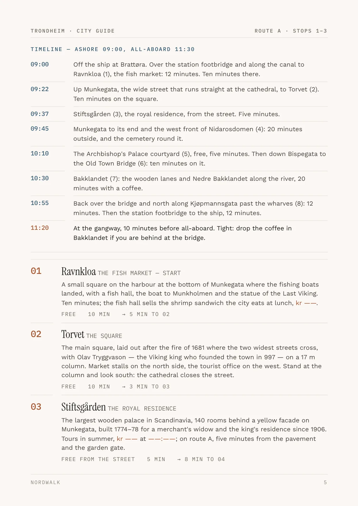 Trondheim guide, page 5: the numbered stops on Route A, with times and what each costs